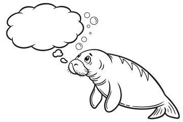 Cartoon manatee with a thought bubble isolated on white background