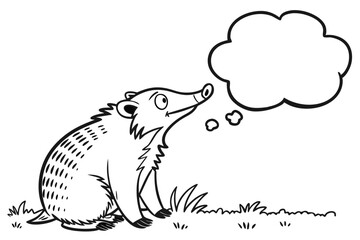 Cartoon badger sitting in grass with a thought bubble isolated on white background