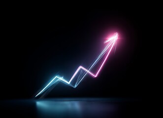 The image of a neon arrow ascending over a bar graph represents increasing progress and growth, contrasted against a dark background and accentuated by vibrant colors that underscore success and