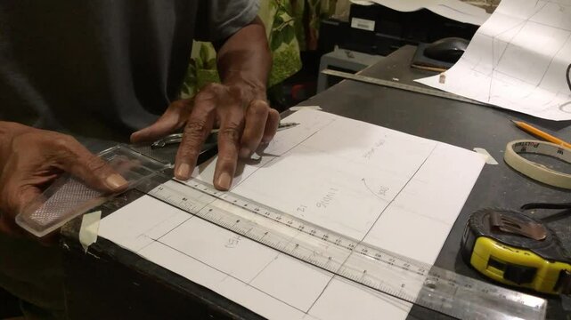 man is drafting a house plan using a pencil and T-square on a piece of bond paper at his desk. Timelapse