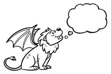 Cartoon dragon is thinking with a thought bubble isolated on white background in a simple line drawing