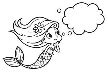 Cartoon mermaid is thinking with a thought bubble isolated on white background in a simple line drawing