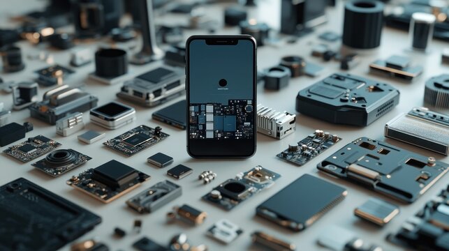 Smartphone surrounded by electronic components