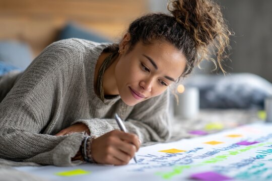 Middle-Eastern teen engaged in creative goal writing on a vibrant vision board at home