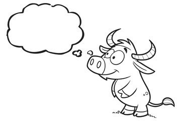 Cartoon buffalo thinking about something isolated on white background
