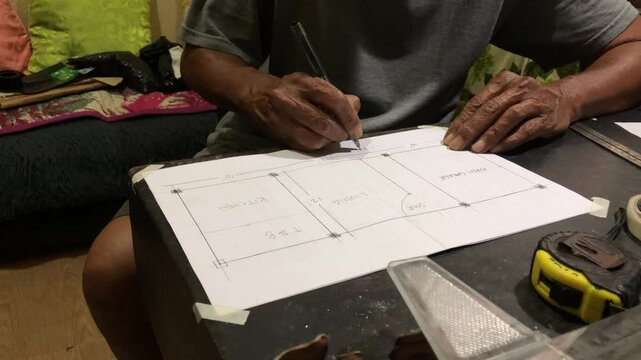 man is drafting a house plan using a pencil and T-square on a piece of bond paper at his desk. Timelapse