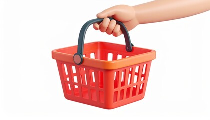 hand holding an empty red plastic shopping cart for groceries
