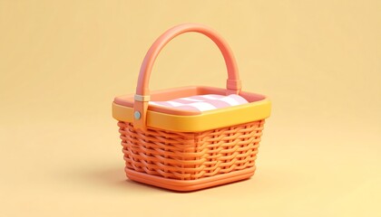 Colorful plastic woven basket empty for picnic or shopping on white background