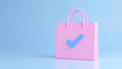  pink paper shopping bag with blue checkmark, perfect for gifts or retail purchases on sale