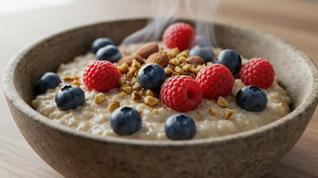 Delicious Oatmeal Topped With Fresh Raspberries, Blueberries, and Nuts Served in a Rustic Bowl
