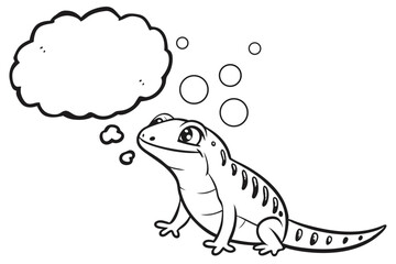 Cartoon lizard with a thought bubble and bubbles isolated on white background