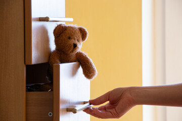 A teddy bear peeks out of a closet drawer in a room in an apartment in the light and a woman's hand...
