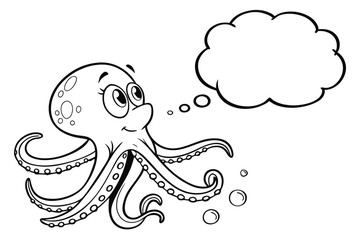 Cartoon octopus with a thought bubble and bubbles isolated on white background