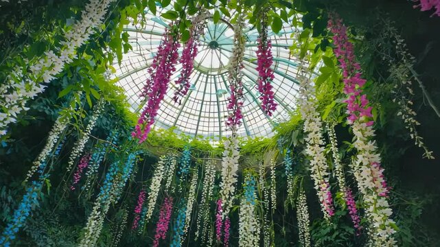 Glass dome botanical atrium with cascading flowers and soft natural light