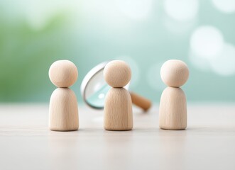 The magnifying glass zooms in on a solitary light-colored wooden figure amidst a collection of identical figures, underscoring the value of picking one from the group