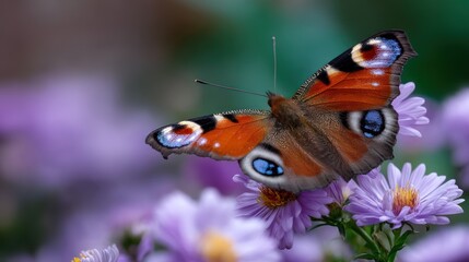 A vibrant peacock butterfly rests on a cluster of purple flowers.  Soft focus, detailed wings with orange, brown, and blue hues.  Natural setting