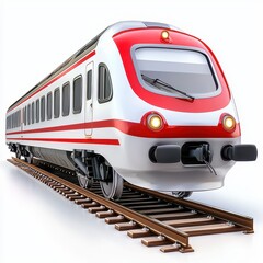 Fototapeta premium Modern Red and White Passenger Train on Railroad Tracks