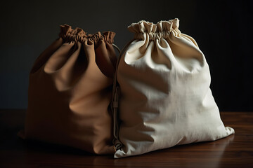 Two cloth bags in brown and off-white on dark wood with soft shadows, AI-generated

