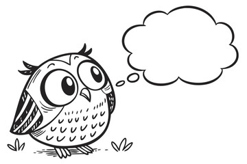 A cartoon owl looks at a thought bubble isolated on white background