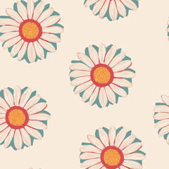 Hand-drawn Floral Seamless Pattern with Daisies and Leaves – Vintage Botanical Design