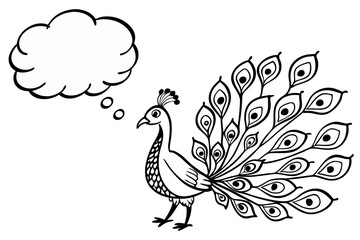 Cartoon peacock with a speech bubble isolated on white background