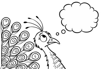 A cartoon peacock with a blank thought bubble isolated on white background in a simple black and white line drawing style