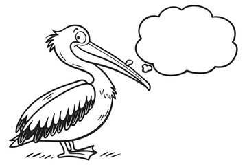 Cartoon pelican standing with a thought bubble isolated on white background