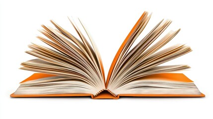 Open Orange Book with Aged Pages and Detailed Texture on White Background