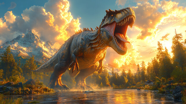 Fototapeta A massive dinosaur roars by a serene river at sunset, surrounded by lush forests and mountains