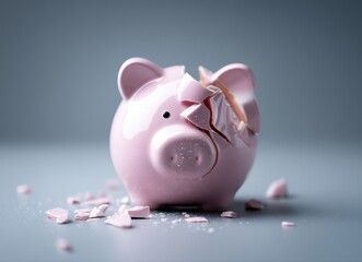 The explosion of a pink piggy bank into numerous pieces serves as a representation of financial collapse and the demolition of savings, accentuated by dramatic lighting that underscores the calamity