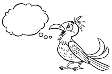 Cartoon bird with a speech bubble isolated on white background in a simple black and white drawing style