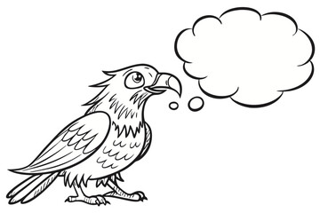 Cartoon eagle with a speech bubble isolated on white background in a simple black and white drawing