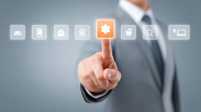 Man in a suit pointing at a button with technology icons to discuss enhancing efficiency and performance
