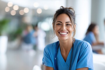 Cheerful nurse provides compassionate care in bright clinic environment