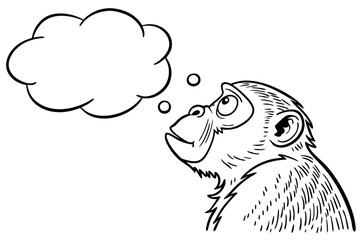 Cartoon monkey looking up at a thought bubble isolated on white background in a whimsical illustration