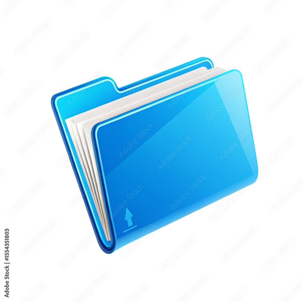 Poster a blue folder icon with white pages inside and an upward arrow on a black background illustration cr