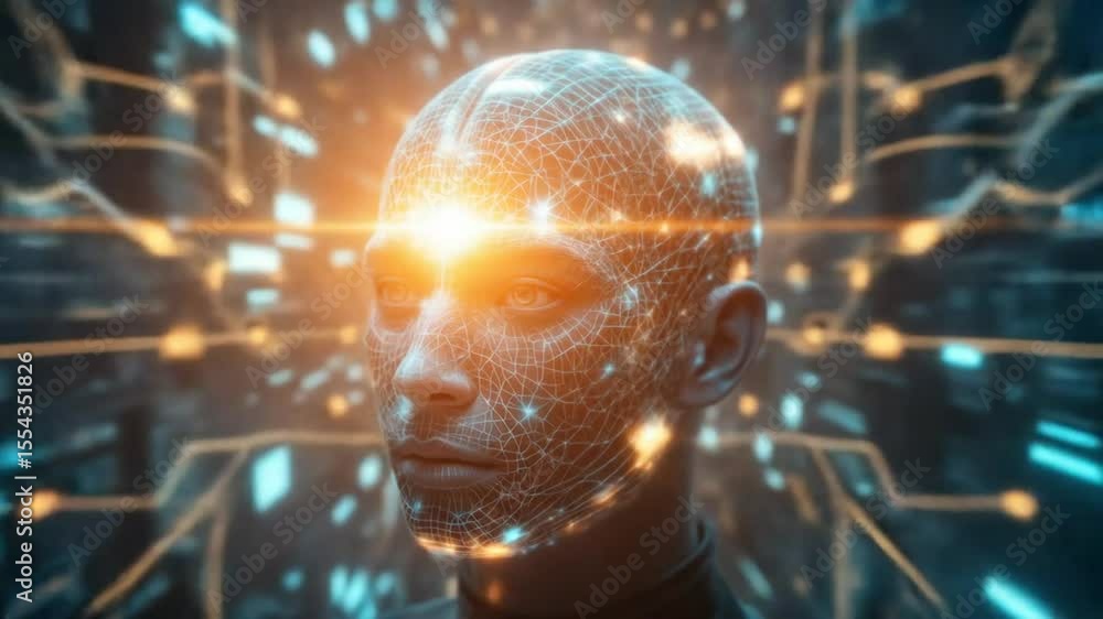 Poster digital human head with glowing neural network, artificial intelligence concept, machine learning. a