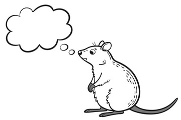 Cartoon mouse standing and thinking with a thought bubble isolated on white background