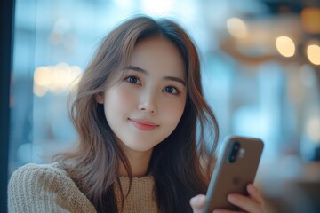 Young Asian woman records herself for a video interview via smartphone for her vlog, reflecting on her personal experiences and content creation., Generative AI