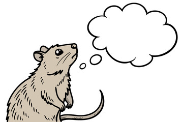 Cartoon mouse standing and thinking with a thought bubble isolated on white background