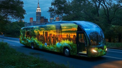 A city bus wrapped in a stunning advertisement, driving through a scenic route with city landmarks in the background, AI Generative.