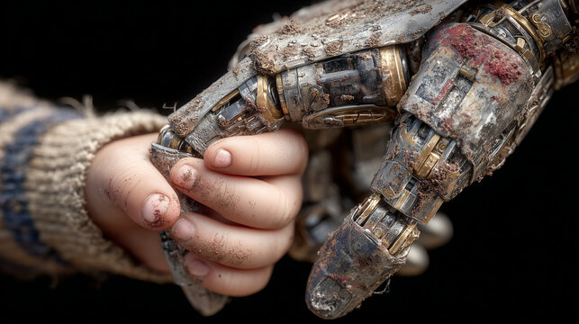 Close up a kid hand holding to robot finger , peace and friend mood.