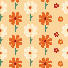 Hand-drawn Floral Seamless Pattern with Daisies and Leaves – Vintage Botanical Design