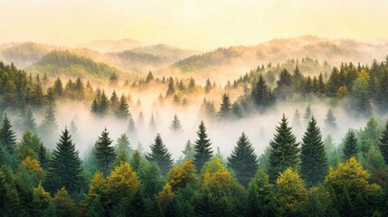 Obraz premium Forest scene with trees shrouded in fog creating a serene and tranquil atmosphere in nature