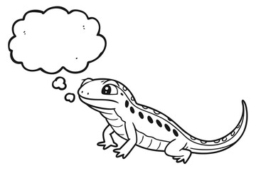 Cartoon newt with a thought bubble isolated on white background in a simple black and white illustration style