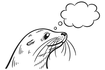 Cartoon seal with a thought bubble isolated on white background in a simple black and white illustration style