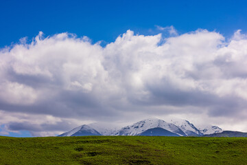 Serene snow-capped mountains above green field under fluffy clouds in Kyrgyzstan