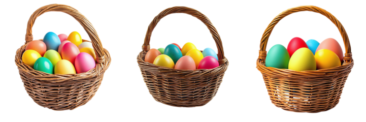 Set of wicker baskets with colorful Easter eggs isolated on transparent background PNG