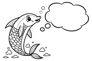 A cartoon fish looks up at a thought bubble isolated on white background in a simple drawing
