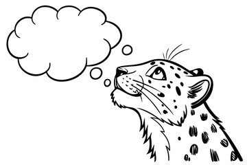A cartoon leopard looks up at a thought bubble isolated on white background in a simple drawing